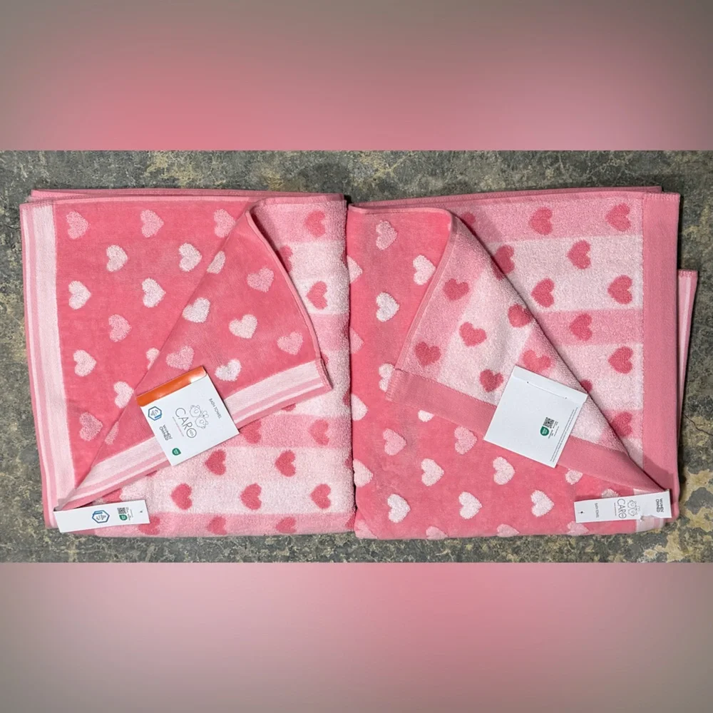 Caro Kids Pink Heart Bath Towel Set of 4 (2 Bath 2 Hand) - NWT